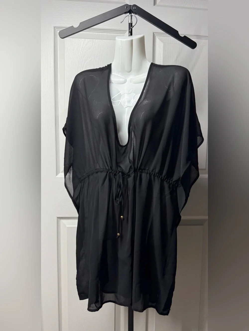 Merona Black Sheer V-Neck Sheer Swim Coverup Tunic with gold tassels